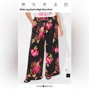 Torrid Black Floral Satin Wide Leg High Rise Dress Pants with Piping 1R 14-16